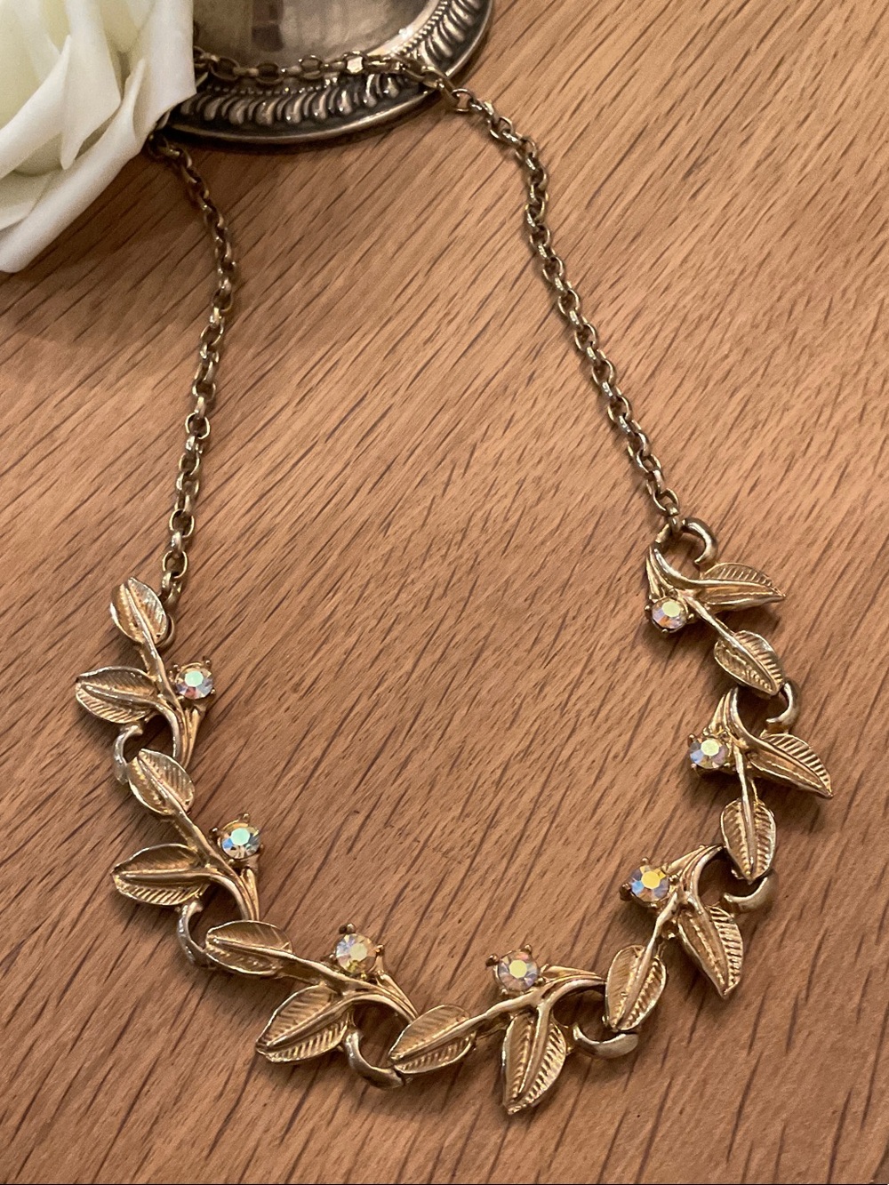 Vintage 1950’s Gold Leaf Vine Necklace with AB Stones Unsigned Coro